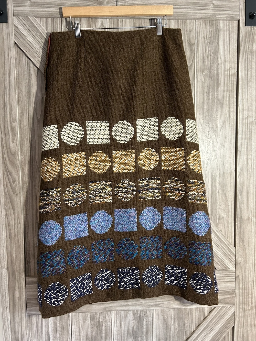 Vintage Artisanal Woven Geometric A-Line Skirt Heavy Knit Long 34" Waist